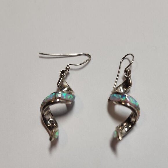 Sterling Silver and Opal Earrings Ribbon Swirl Earrings Native American - Picture 1 of 4